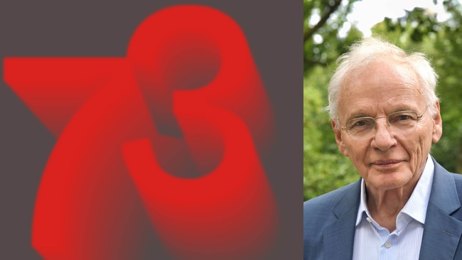 Die Zahl 73 in rot auf grauem Hintergrund, daneben Portr&auml;t G&ouml;tz Aly &copy; Susanne Schleyer, Studio Anouk Rehorek